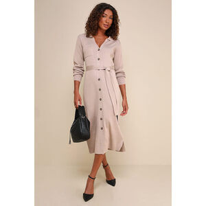 Lulus Charming Comfort Beige Collared Button-up Sweater Dress - Size S